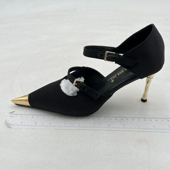 Funny She Jill Black Pointed Toe High Heel Shoes Ankle Strap Heels Stiletto Shoe - Picture 1 of 6